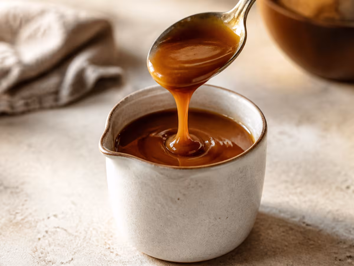 Salsa de caramelo dorada y espesa