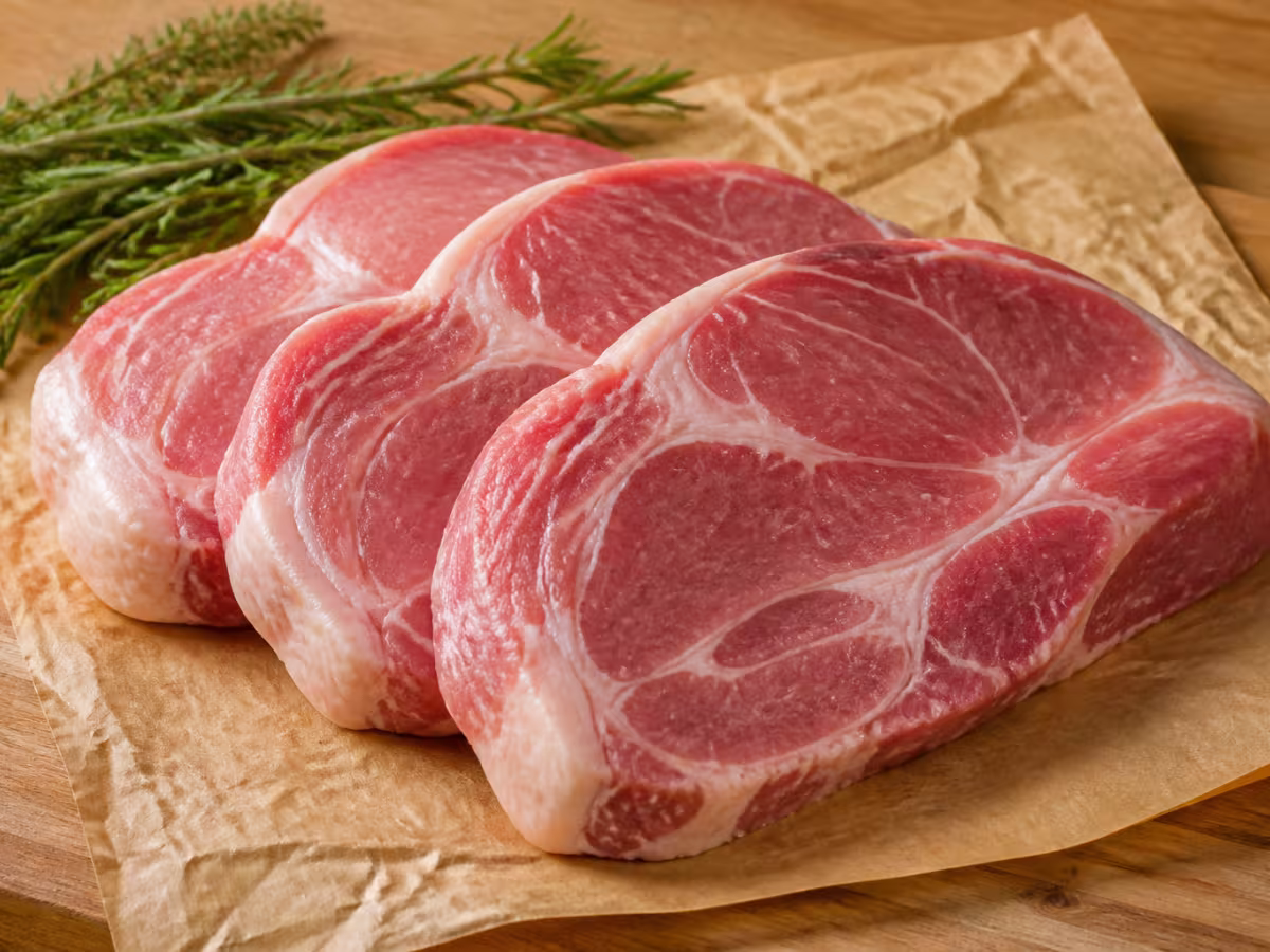 Pieza cruda de cabeza de lomo de cerdo con vetas de grasa