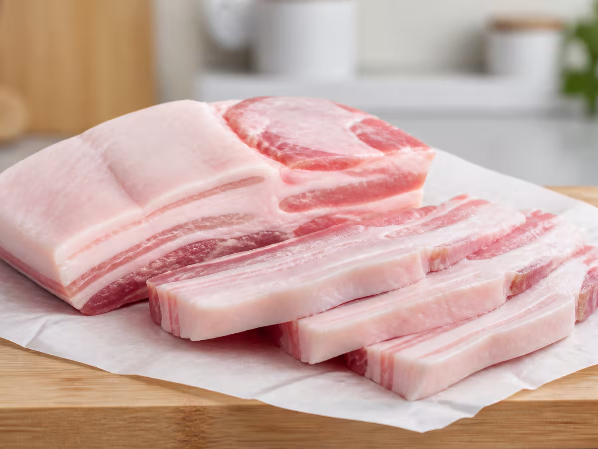 Pieza de panceta fresca de cerdo con varias tiras gruesas reci&eacute;n cortadas