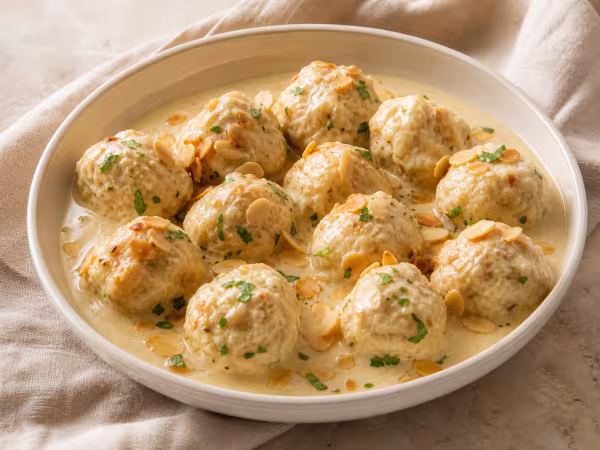 Alb&oacute;ndigas de bacalao con salsa de almendras