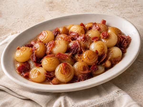 Cebollitas caramelizadas con jam&oacute;n y jerez