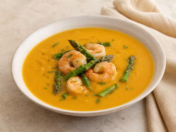 Crema de calabaza con gambas y esp&aacute;rragos trigueros