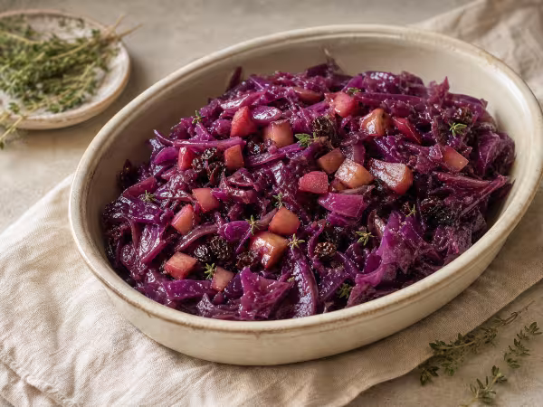 Guarnici&oacute;n de lombarda con manzana y pasas