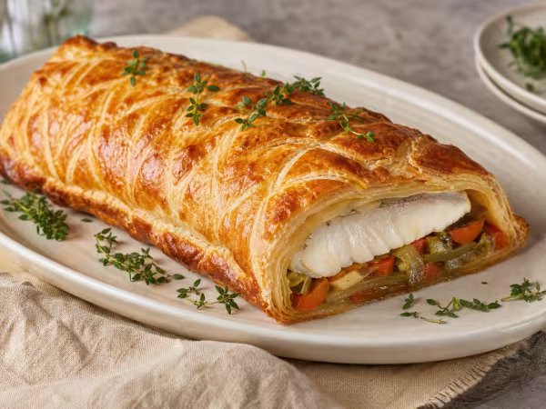 Merluza en hojaldre con verduras