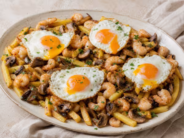 Huevos rotos con champi&ntilde;ones y langostinos