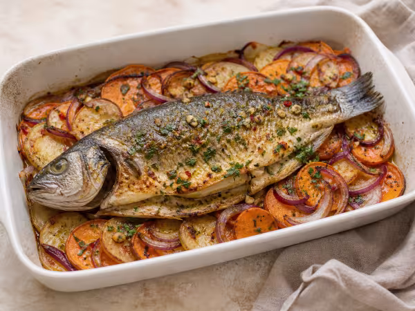 Lubina al horno con patatas y boniato