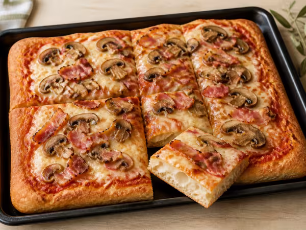 Pizza rectangular en bandeja con champi&ntilde;ones, mozzarella y bacon