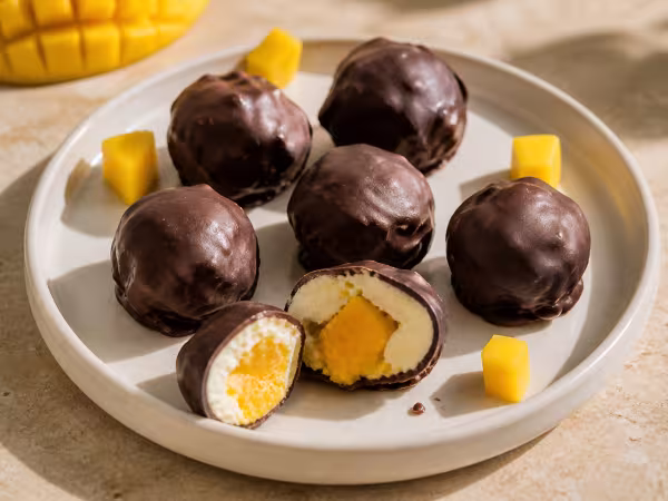 Bocados helados de mango, yogur y chocolate