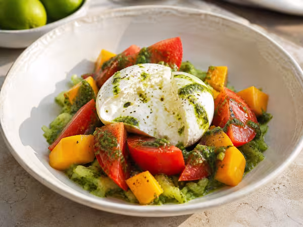 Ensalada de tomate, mango y burrata con pepino granizado