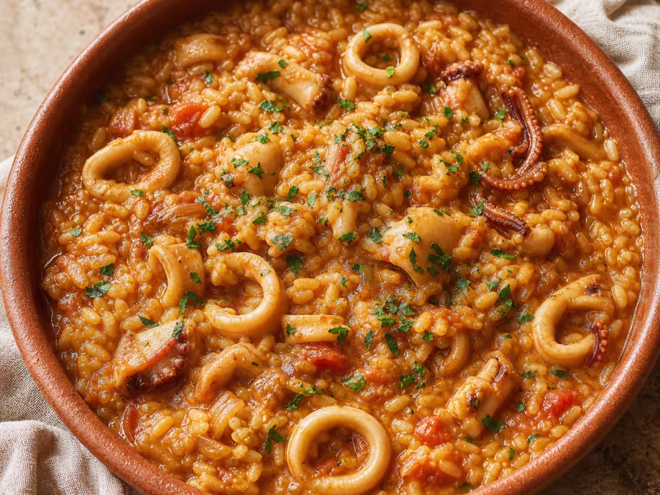 Arroz meloso de calamares encebollados