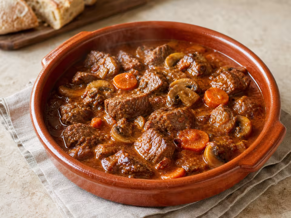 Guiso de ternera con verduras y champi&ntilde;ones
