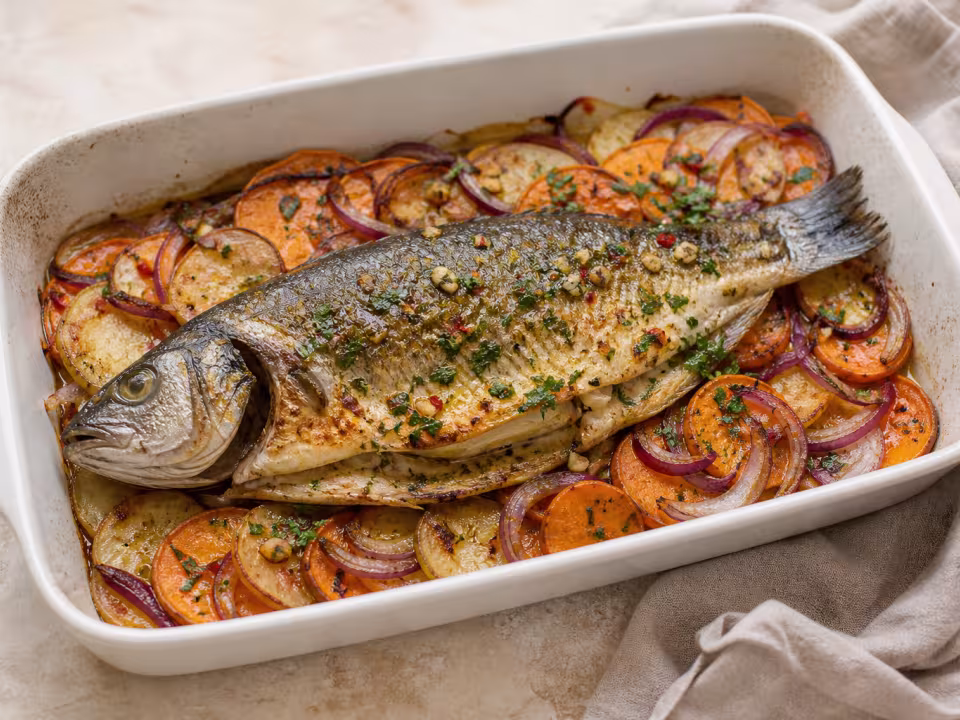 Lubina al horno con patatas y boniato