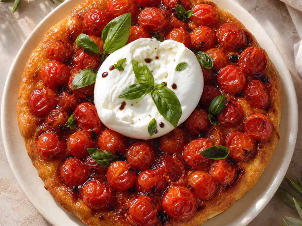 Tatin de tomates cherry con burrata