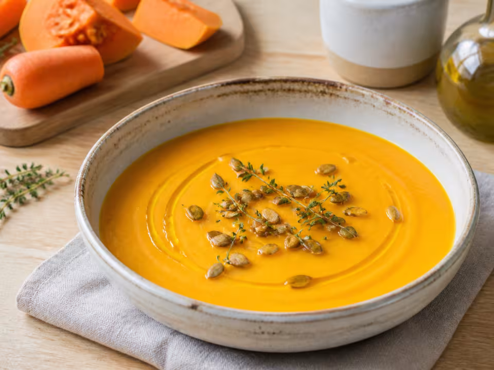 Crema de calabaza y zanahoria con almendras tostadas y tomillo