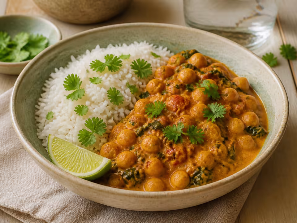 Curry de garbanzos con tomate acompa&ntilde;ado de arroz basmati y cilantro
