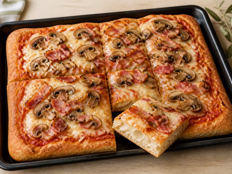 Pizza rectangular en bandeja con champi&ntilde;ones, mozzarella y bacon