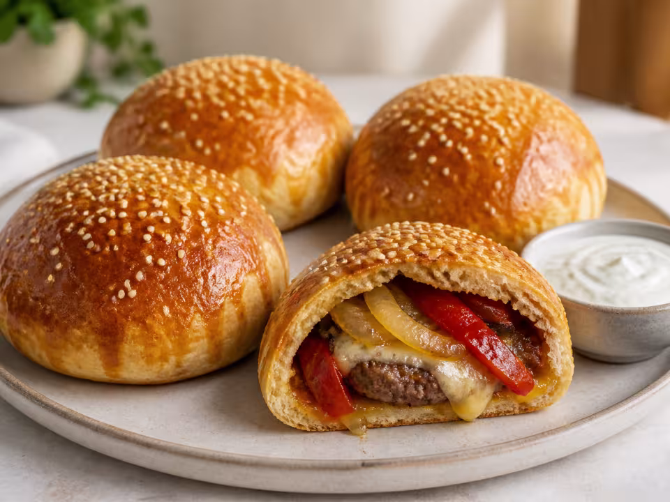 Hamburguesas cerradas al horno con carne, queso y pimiento