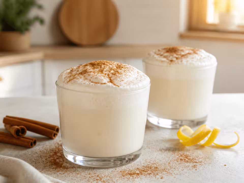 Vasos de leche merengada con espuma y canela
