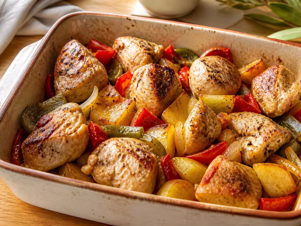 Cazuela de pollo al horno con patatas, cebolla y pimientos