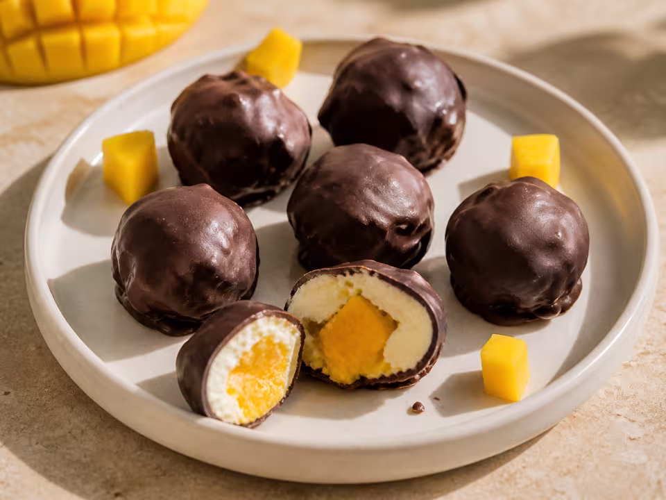Bocados helados de mango, yogur y chocolate