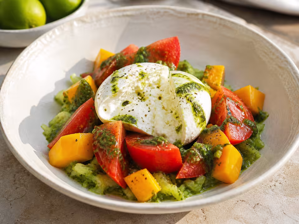 Ensalada de tomate, mango y burrata con pepino granizado
