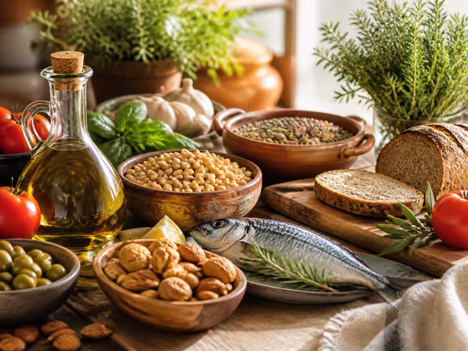 Ingredientes cotidianos de la dieta mediterr&aacute;nea sobre una mesa de cocina