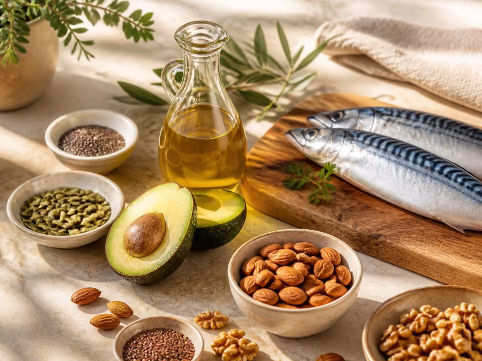 Aceite de oliva, aguacate, frutos secos y pescado azul