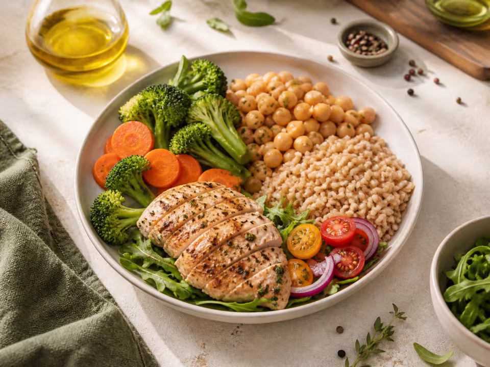 Plato equilibrado con verduras, cereales integrales y prote&iacute;na saludable
