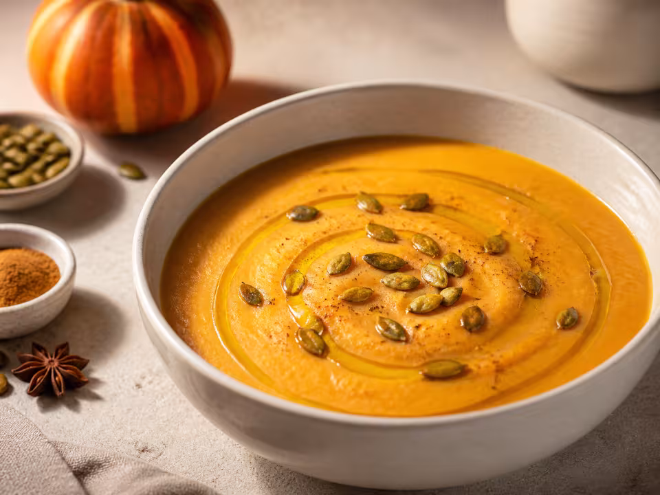 Crema de calabaza especiada con semillas y aceite de oliva