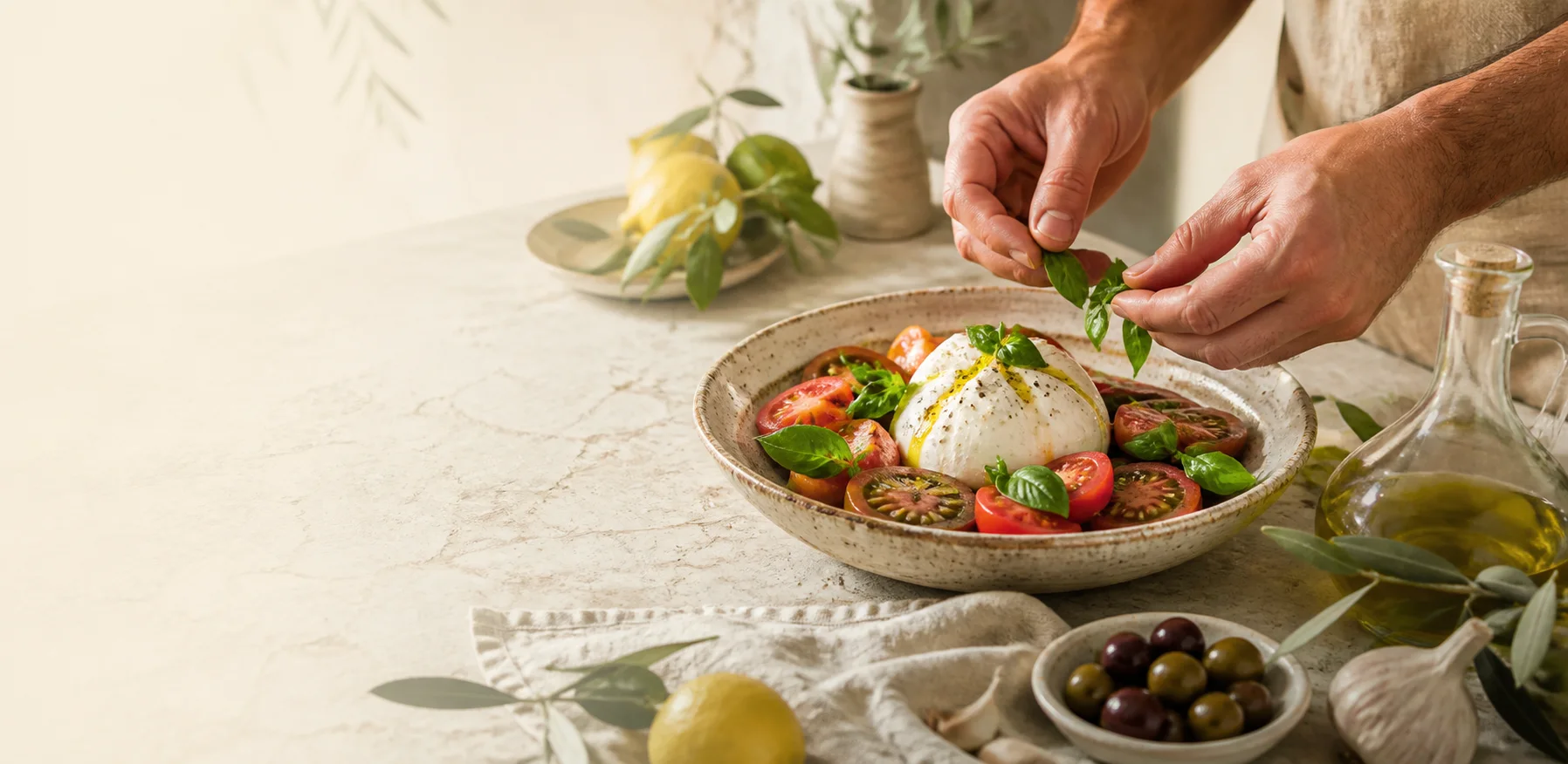 Manos terminando una ensalada mediterr&aacute;nea con ingredientes frescos