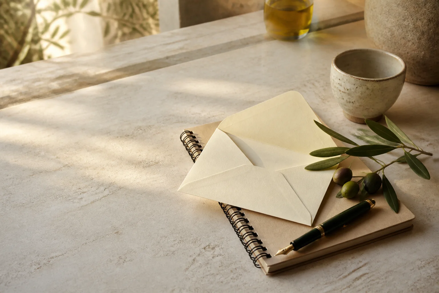 Sobre y cuaderno junto a una rama de olivo sobre una mesa de cocina