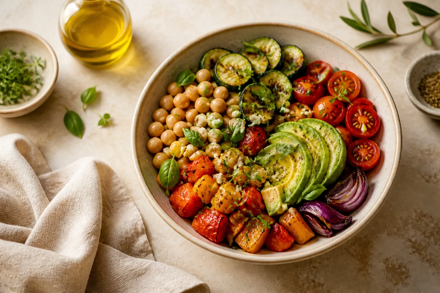 Plato mediterr&aacute;neo con verduras, garbanzos y aguacate